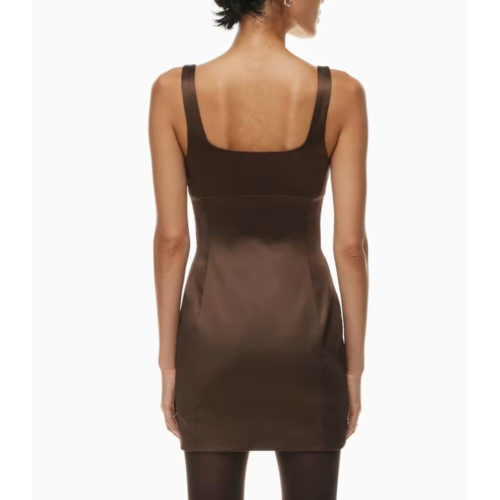 Wilfred Aritzia Cocoa Brown Shine Satin Square Neck Mini Dress Quiet Luxury SZ 6 - Picture 11 of 12